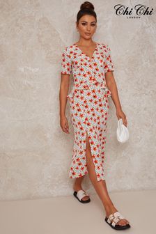 Chi Chi London Cream Short Sleeve Floral Print Midi Day Dress (D16876) | €79
