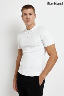 River Island Muscle Ribbed White Knitted Polo Shirt (D17096) | €17.50