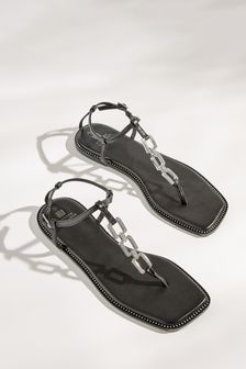 Black Forever Comfort® Flat Sandals With Jewelled Chain Detailing (D17187) | €24
