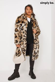 Simply Be Langer, zweireihiger Mantel mit Fellimitat und Animalprint (D17628) | 70 €