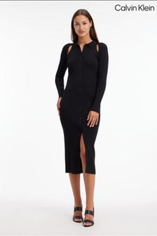فستان قميص متوسط الطول مضلع أسود Iconic من Calvin Klein (D17718) | 1,295 د.إ