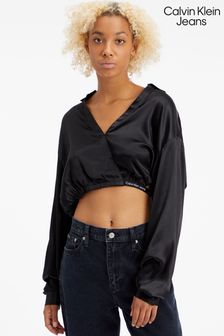 Calvin Klein Jeans Kurz geschnittenes Hemd mit Logostreifen und Glanzeffekt, Schwarz (D17723) | 68 €