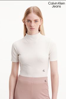 Calvin Klein Jeans White Shiny High Neck Short Sleeve Top (D17726) | 60 €