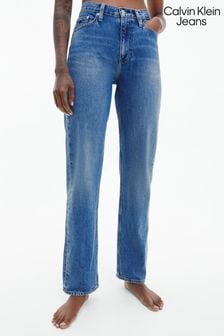 Niebieskie jeansy Calvin Klein Jeans z wysokim stanem i prostymi nogawkami (D17733) | 284 zł