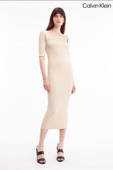 فستان لون كريم مضلع برقبة مربعة من Calvin Klein (D17740) | 778 ر.ق