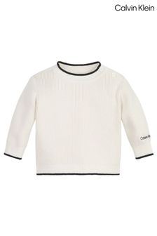 Pulover tricotat cu guler Alb în contrast Calvin Klein (D17969) | 434 LEI