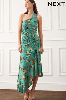 Teal Blue Floral Preen X Next Asymmetric Ruched Midi Skirt (D18006) | €30