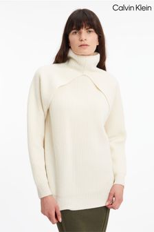 Calvin Klein Pullover aus Recycling-Wolle mit Zierausschnitt, Weiß (D18035) | 195 €