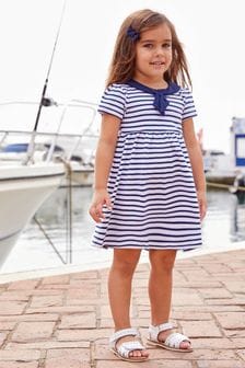 JoJo Maman Bébé White Navy Stripe Short Sleeve Sailor Dress (D18718) | $42