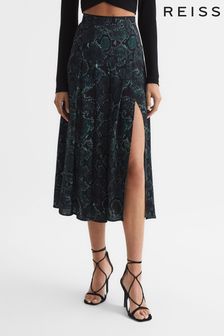 Reiss Teal Kolbie Printed Slip Skirt (D18864) | $244