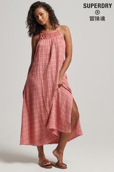 Różowy pustynny piasek - Długa sukienka na ramiączkach Superdry Vintage z dekoltem halter (D19010) | 205 zł