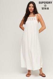 Ecru - Długa sukienka na ramiączkach Superdry Vintage z dekoltem halter (D19011) | 205 zł