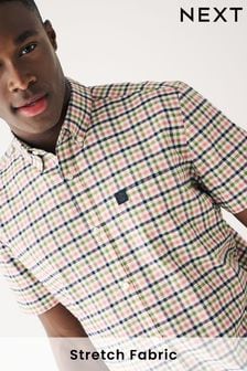 White/Blue/Green Short Sleeve Gingham Stretch Oxford Shirt (D19252) | €13