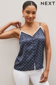 Navy Polka Dot Button Cami With Lace Trim (D19521) | €11