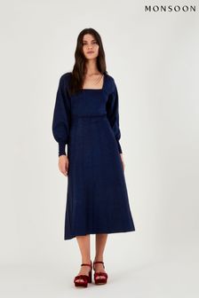 Monsoon Blue Metallic Knit Square Neck Pleated Midi Dress (D19886) | €56