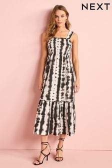 Black/White Tie Dye Cotton Maxi Shirred Dress (D20137) | €16