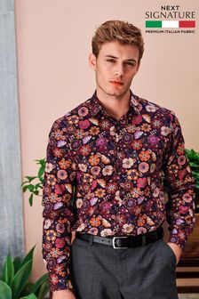 Burgundy Red Floral Regular Fit Single Cuff Signature Made In Italy Texta Print Shirt (D20208) | €18