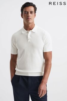 Reiss White Bennie Press Stud Textured Polo Shirt (D20227) | 720 QAR