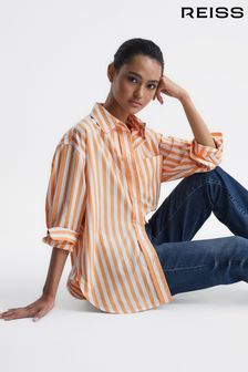 Reiss Orange/White Emma Relaxed Fit Striped Cotton Shirt (D20540) | ₪ 1,079