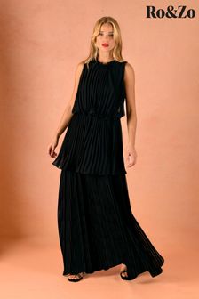 Ro&Zo Black Isla Pleated Tiered Black Maxi Dress (D20761) | €81