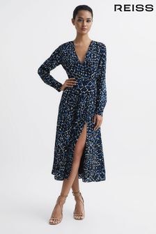 Reiss Navy/Blue Greta Long Sleeve Printed Midi Dress (D20966) | $297