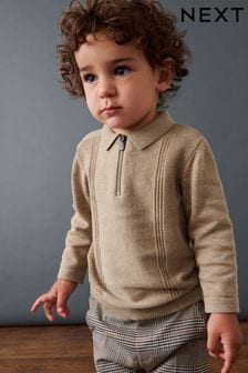 Neutral Long Sleeve Zip Neck Textured Polo Shirt (3mths-7yrs) (D21007) | TRY 322 - TRY 368