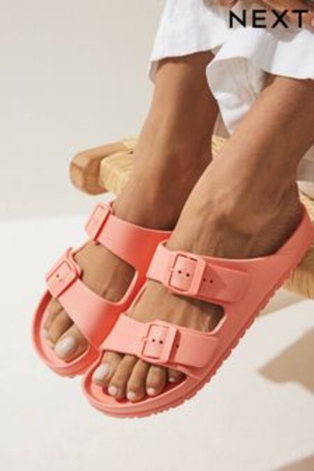 Coral Pink EVA Double Strap Flat Slider Sandals with Adjustable Buckles (D21093) | $30