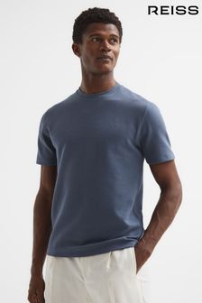 Reiss Airforce Blue Cooper Textured Cotton Blend Crew Neck T-Shirt (D21310) | SGD 132