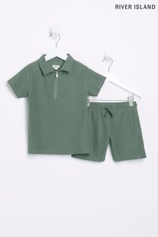 River Island Khaki Green Plisse Polo Shorts Set (D21555) | kr382