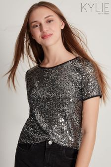 Kylie Teens Silver Sequin Short Sleeve T-Shirt (D21599) | €9