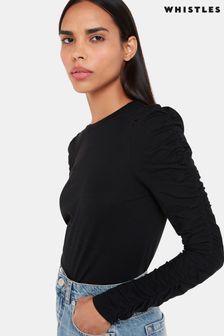 Whistles Black Ruched Sleeve T-Shirt