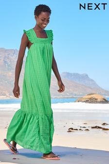 Zelená - Maxi šaty so štvorcovým výstrihom a volánovým rukávom (D21753) | €39