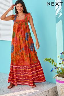 Оранжевый с тропическим принтом - Платье макси с квадратным вырезом и оборками на рукавах (D21755) | €42