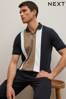 Tan Brown/Navy Blue Vertical Block Polo Shirt (D21890) | $39