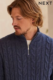 Blue Regular Cable Zip Neck Jumper With Wool (D21917) | €29