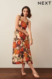 Rust Floral Geo Square Neck Sleeveless Midi Dress (D21920) | $68