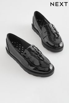 أسود لامع - حذاء سهل الارتداء من الجلد بنعل رفيع للمدرسة (D21944) | 16 ر.ع - 19 ر.ع