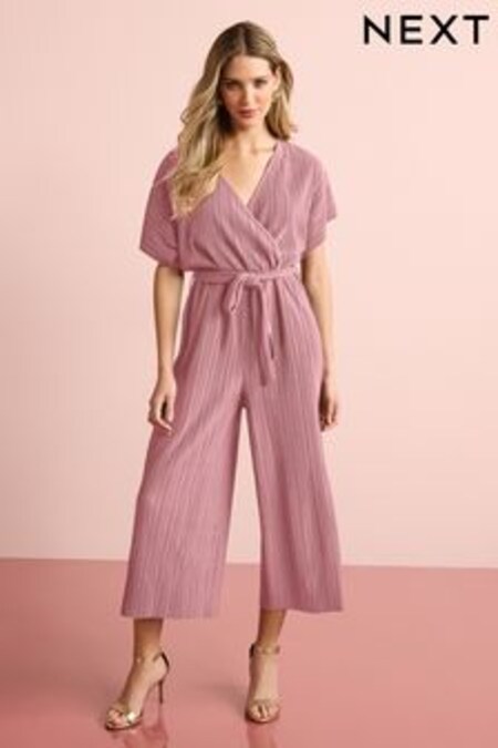 Rose Pink Short Sleeve Plissé Jumpsuit (D21949) | DKK296