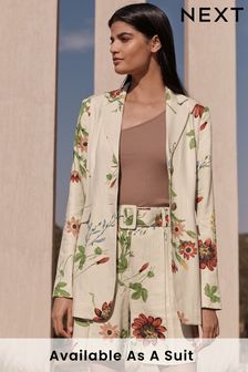 Ecru Cream Floral Single Breasted Blazer With Linen (D21983) | 23,980 Ft