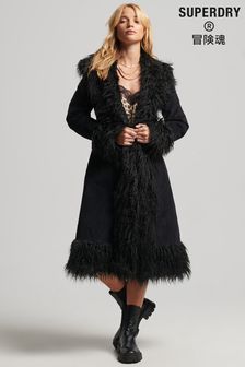 Superdry Black Faux Fur Lined Longline Afghan Coat (D22176) | €210