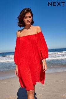 Czerwony - Plisowana krótka sukienka mini z bufiastymi rękawami (D23246) | 76 zł