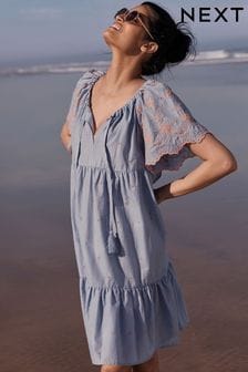 Embroidered Short Sleeve Woven Mix Kaftan Mini Dress (D23260) | 125 zł