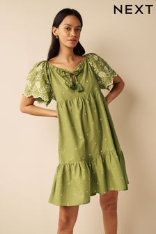 Olive Green Embroidered Short Sleeve Woven Mix Kaftan Mini Dress (D23261) | 53 €