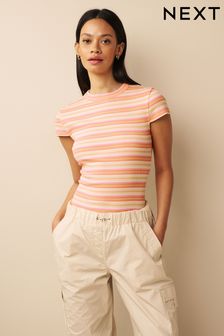 Coral Pink Stripe Ribbed Short Sleeve Curved Neck Top (D23289) | €8