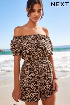 Brown Leopard Print Puff Sleeve Bardot Playsuit (D23338) | 14 €