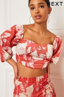 Red Floral Occasion Sweetheart Puff Sleeve Top (D23340) | €24