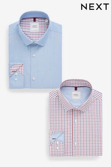 Azul y rojo a cuadros Tattersall - puños sencillos de corte estándar - Pack de 2 camisas con ribetes (D23526) | 61 €