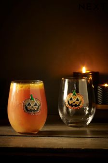 Set of 2 Clear Pumpkin Stemless Wine Glasses (D23550) | AED62