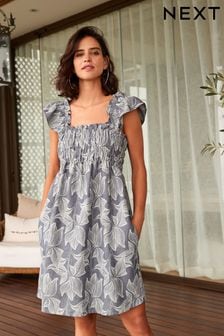 Blue Leaf Print Summer Dress (D23887) | 142 zł