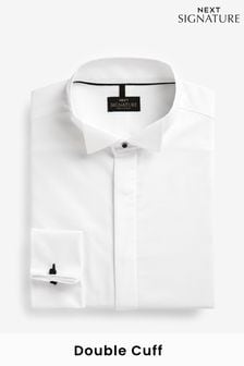 White Slim Fit Pleated Double Cuff Dress Shirt (D23930) | €18
